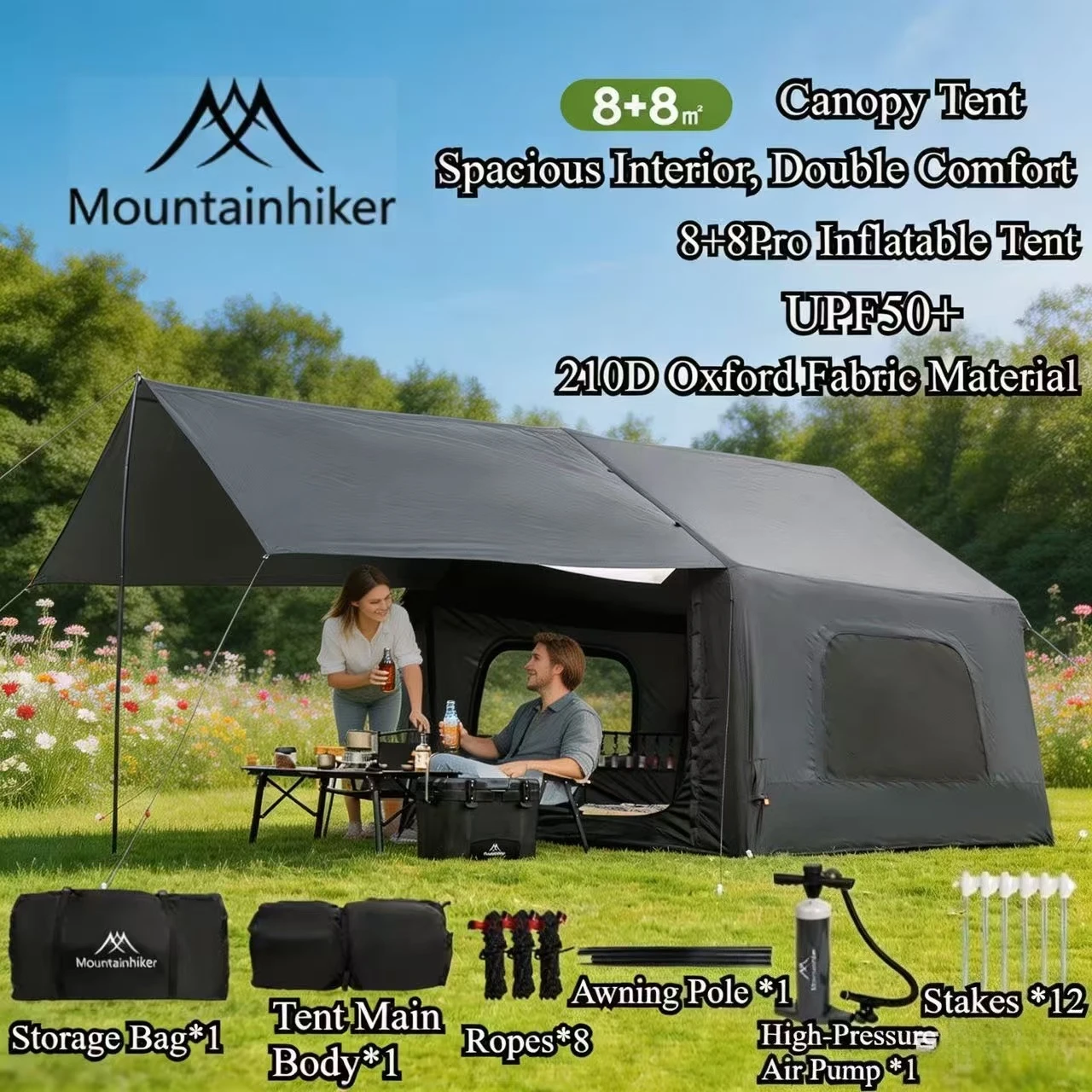 MOUNTAINHIKER 8 8m² インフレータブルテントキャンプ 4-6 人防水ファミリーオーニングビーチテントクイックオープン釣りピクニックパークテント