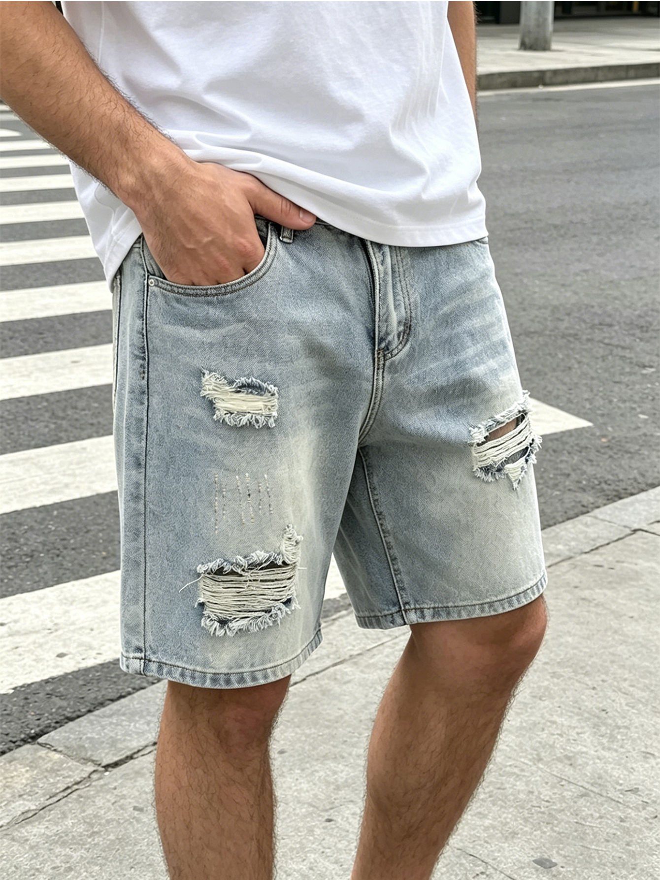 男性パンツジーンズ衣類デニムパンツショートパンツメンズライトウォッシュリッピングユーズド加工カジュアルデニムショートパンツ