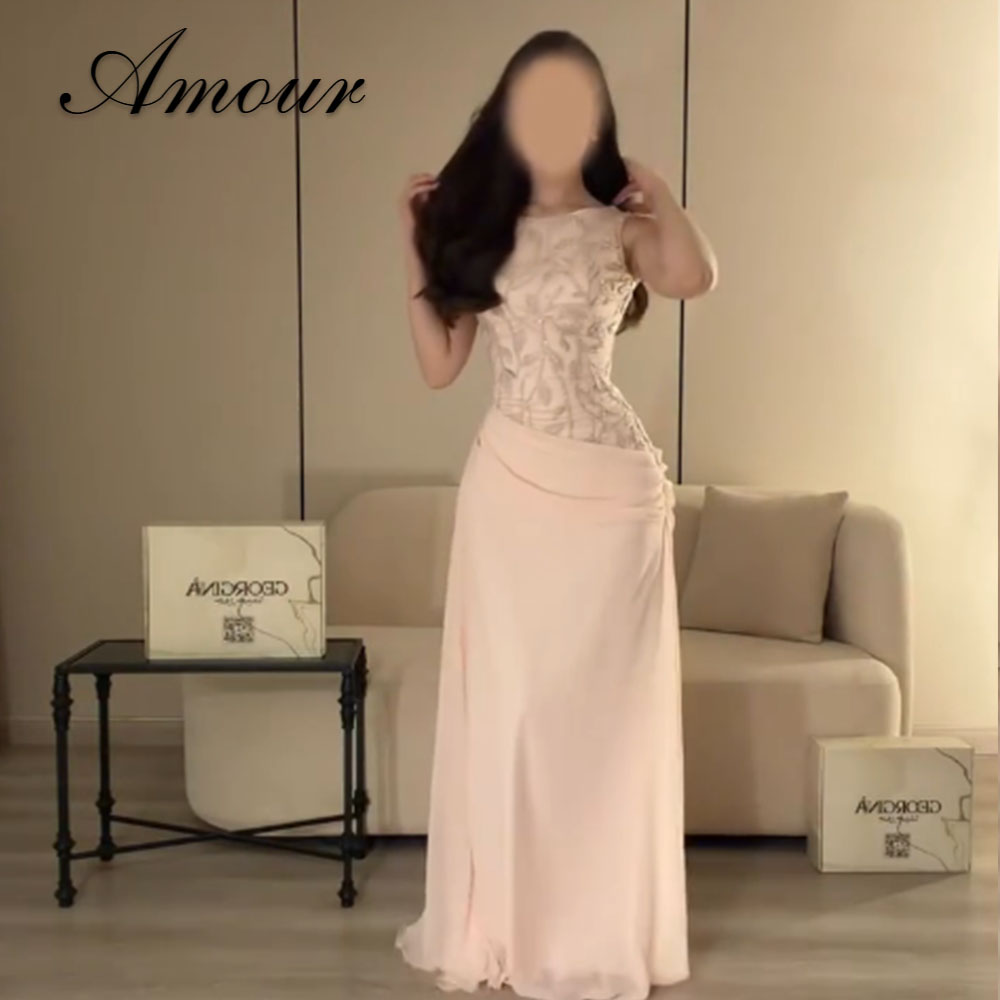 Amour カスタマイズされたサウジ A ラインのイブニングドレス高級ビーズノースリーブ床長さのプリーツパーティードレス Vestidos デ フィエスタ 2026