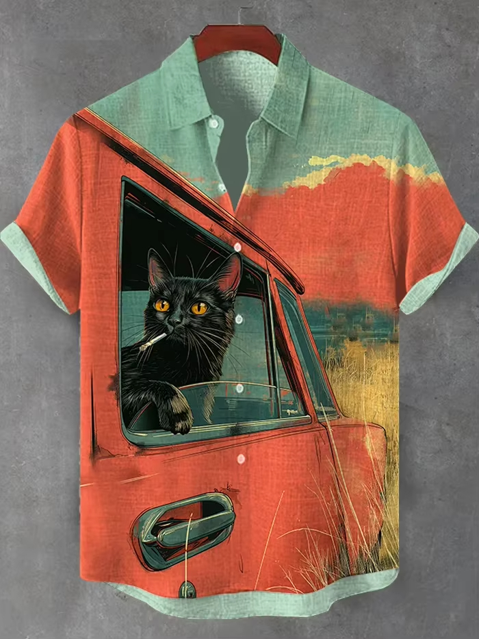 Fun Cat メンズ Tシャツ 3D プリント アロハシャツ 夏 半袖 トップ 男女兼用 カジュアル バケーション ビーチ Y2K スタイル トップ