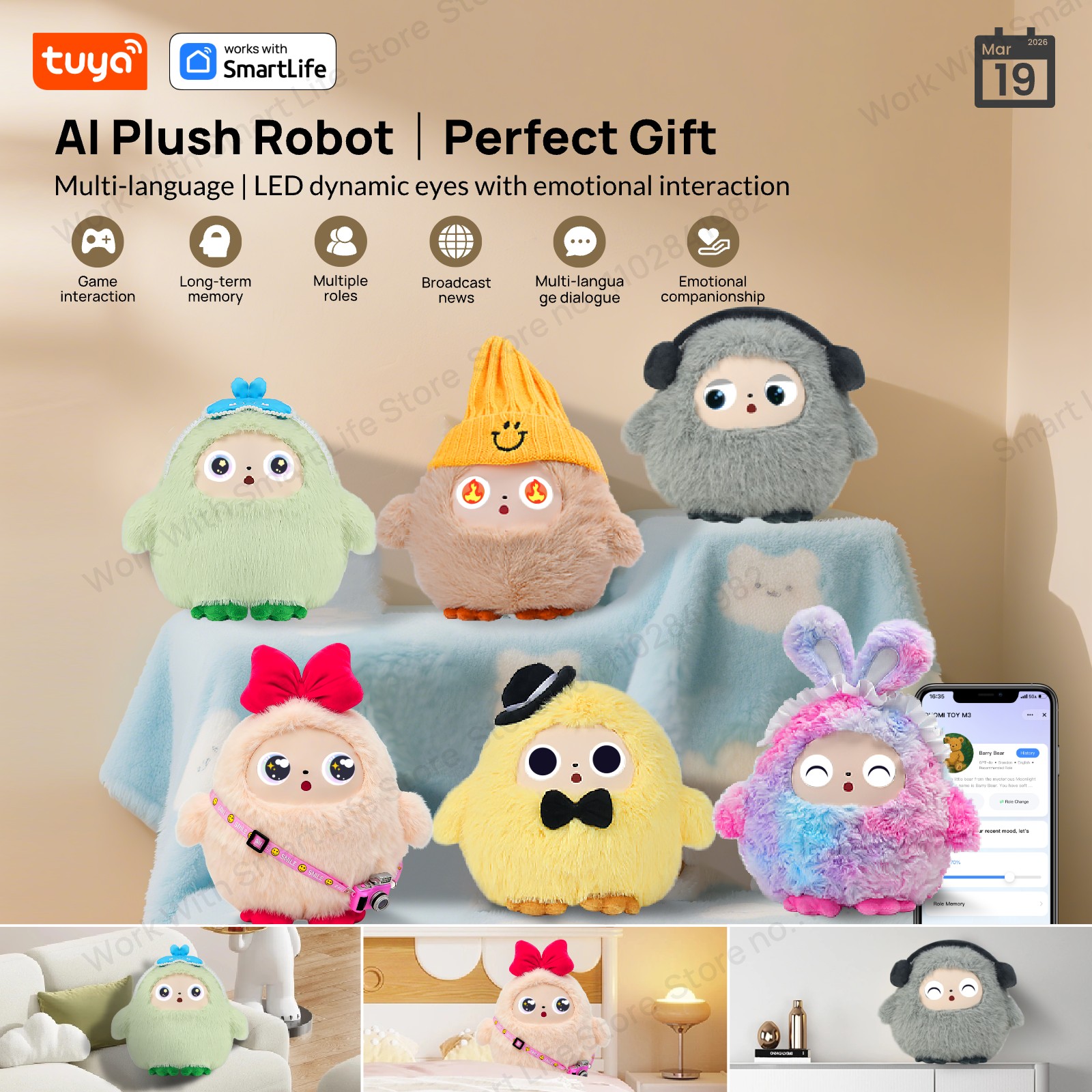 Tuya Smart AI ぬいぐるみロボット、音声インタラクティブ E-Pet、ダイナミック LED アイコンパニオントイ、USB 充電式、全年齢向けプレゼント