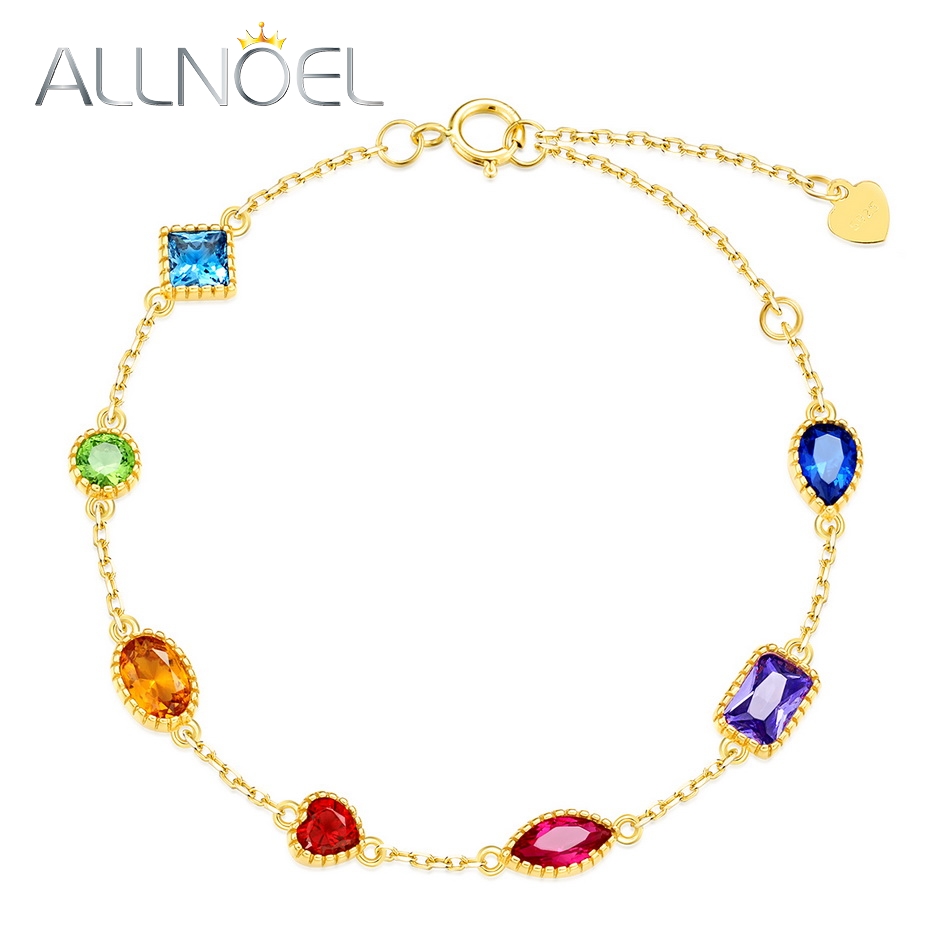 ALLNOEL 925 スターリングシルバーブレスレット女性のためのレインボージルコンカラフルな黄、青、緑の宝石ゴールドメッキファインジュエリーギフト