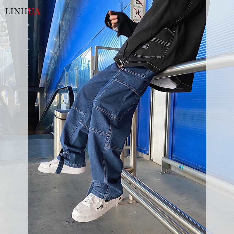 LINHUA 男性ワイド脚ジーンズメンズ春カーゴパンツヒップホップストリート新ルーズストレートだぶだぶのデニムパンツ男性ワークジーンズ