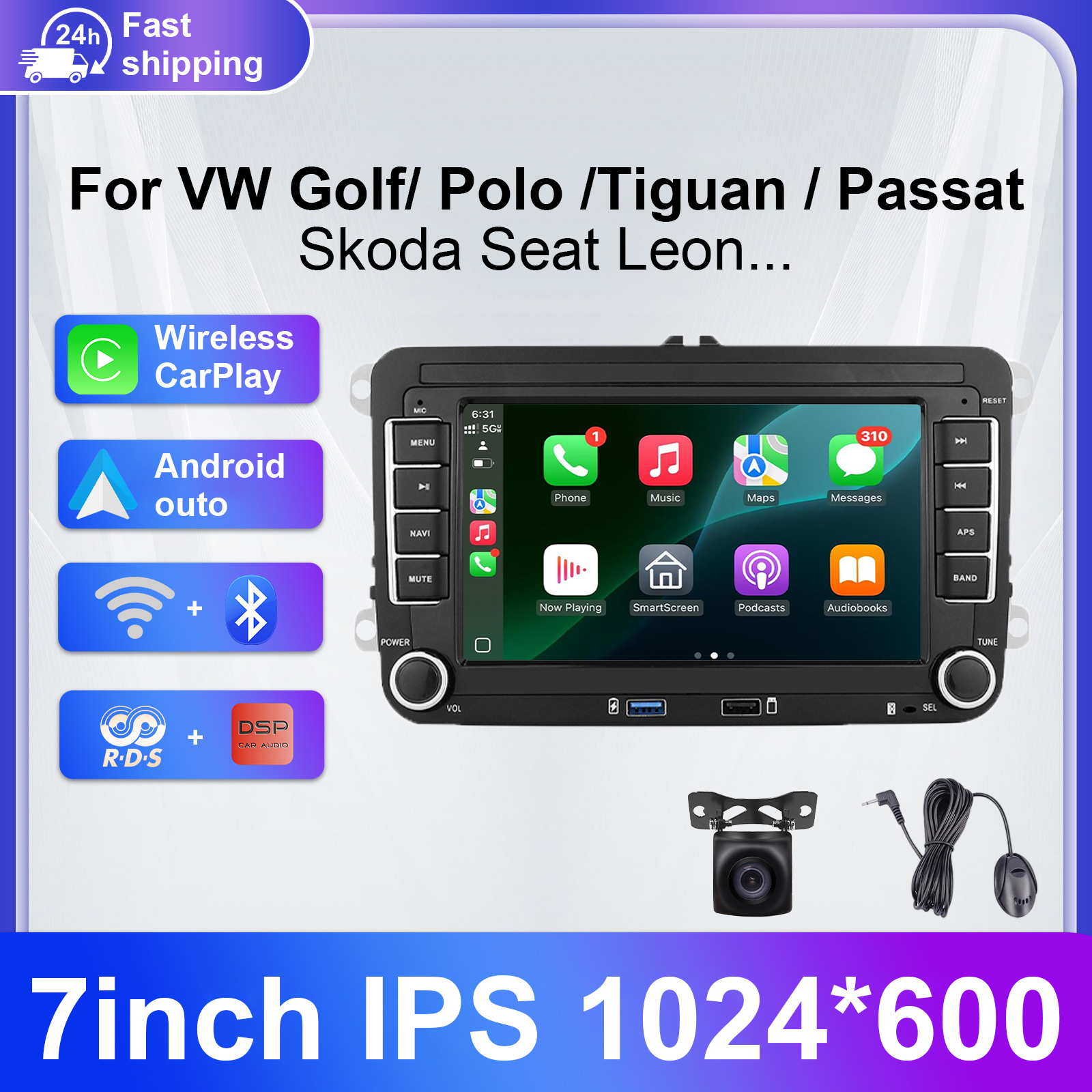7 "ワイヤレス Carplay Android 自動車カーラジオマルチメディアステレオ MP5 フォルクスワーゲンシュコダオクタヴィアゴルフ 5 6 トゥーランパサートポロジェタ