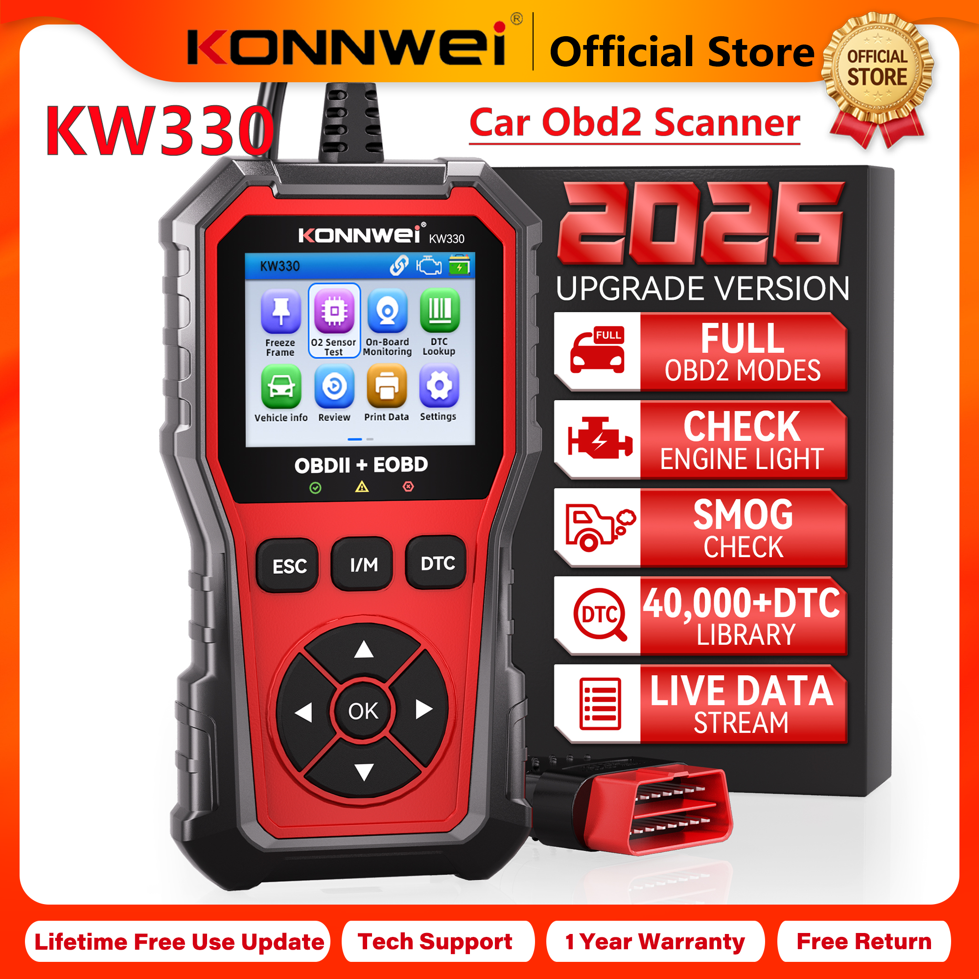 2026 KONNWEI KW330 車 OBD2 診断ツールプロフェッショナルエンジンバッテリーテスト故障コード消去リアルタイムデータスキャナー機能
