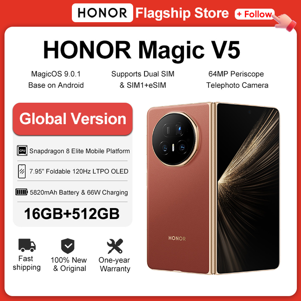 グローバルバージョン HONOR Magic V5 16GB 512GB 折りたたみ式スマートフォン Snapdragon 8 Elite 7.95" OLED ディスプレイ 5820mAh バッテリー 66W NFC