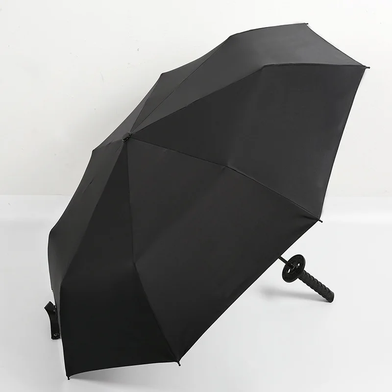 Creative Three-fold Automatic Samurai Sword Umbrella Knife Handle Sword Umbrella Black Samurai Cartoon Rain Umbrella