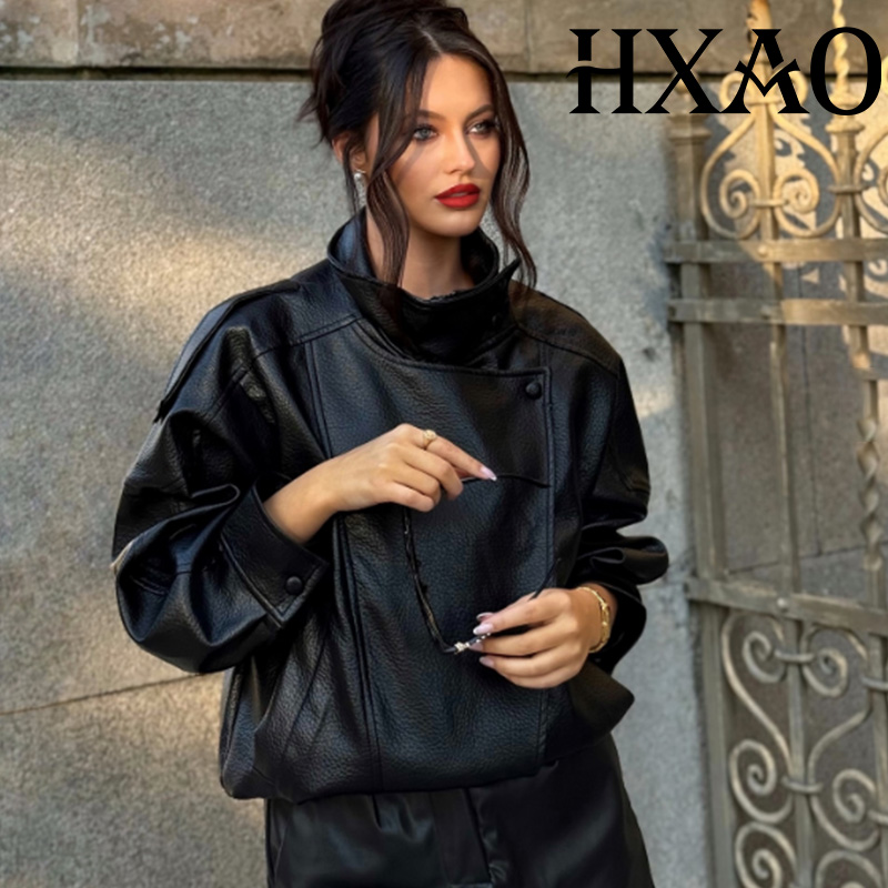 HXAO ブラック ジャケット レディース コート フェイクレザー ジャケット アウター デミシーズン ボンバー モト バイカー ジッパー ジャケット ハイネック ショート コート