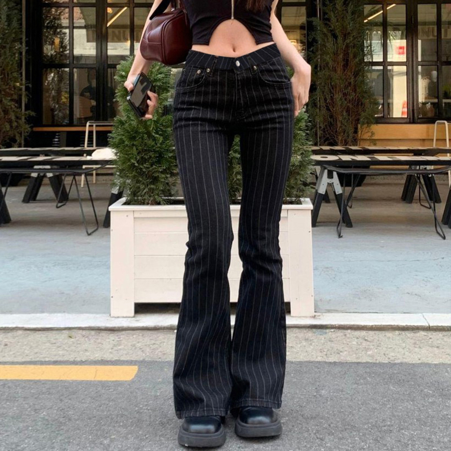 2000 年代の服 Y2k ローライズブーツカットジーンズ女性カジュアル黒ストライプデニムパンツストリートフレアパンツ P77-DD25