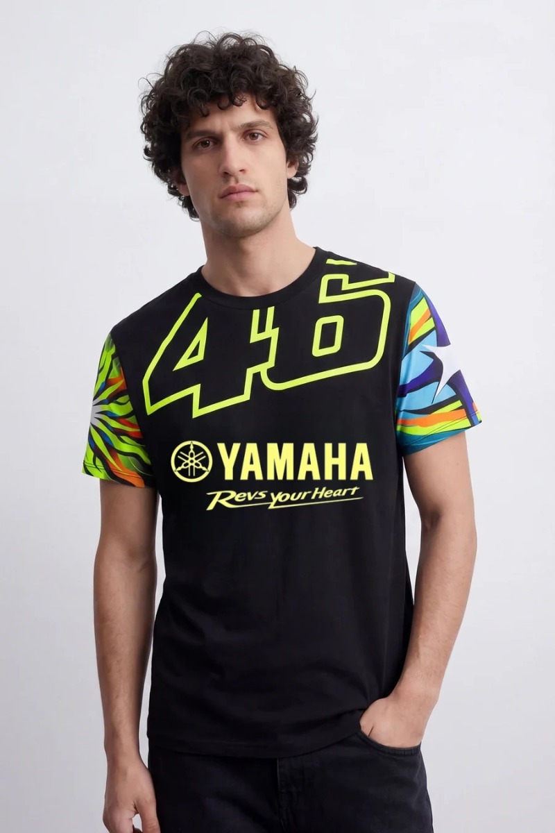 夏の熱い販売ヤマハ 46 ファッショナブルなイエロープリント半袖 Tシャツ男性女性スポーツバイク乗馬シャツ 2026