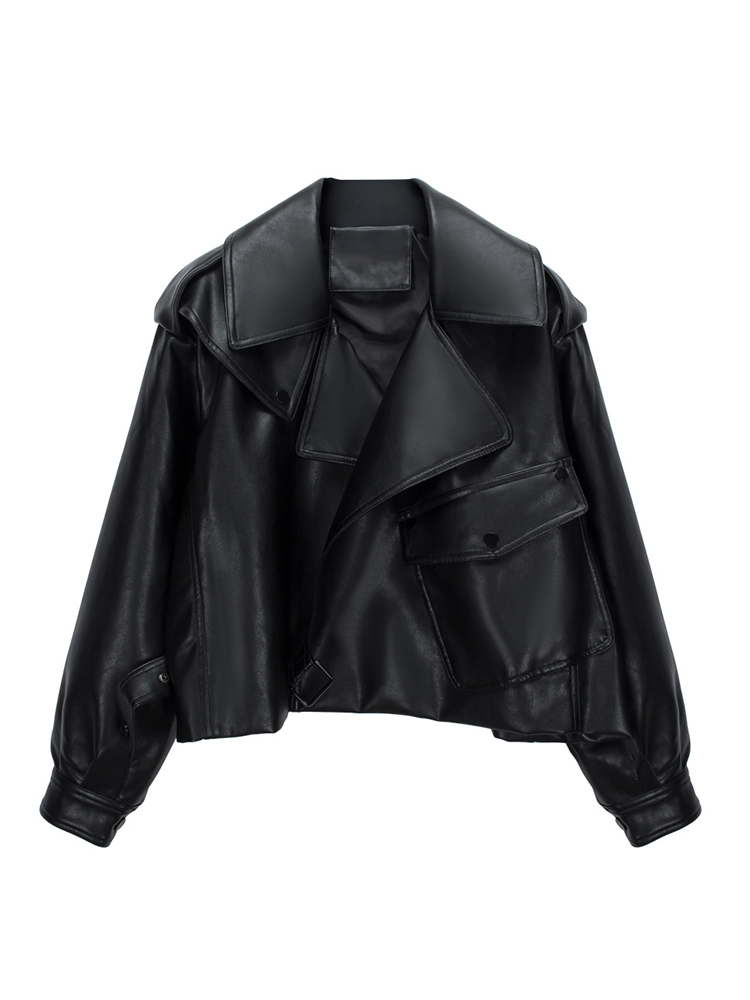 Ailegogo High Street Women Lapel Loose Pu Faux Leather Short Jacket Spring Autumn Female Big Pocket Belt Coat Moto Biker Outwear