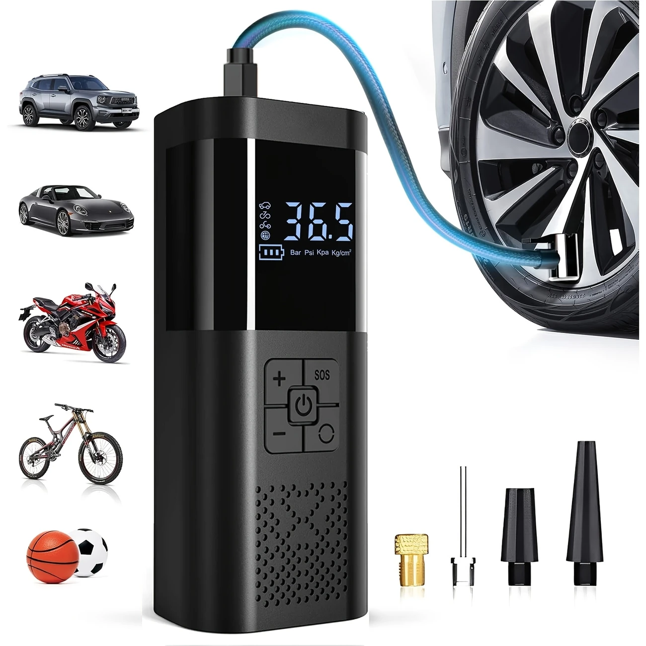 ポータブルカーエアコンプレッサー 3X 高速 150PSI コードレスタイヤインフレーターポンプ デジタルゲージ付き 車 オートバイ バイク エアポンプ用