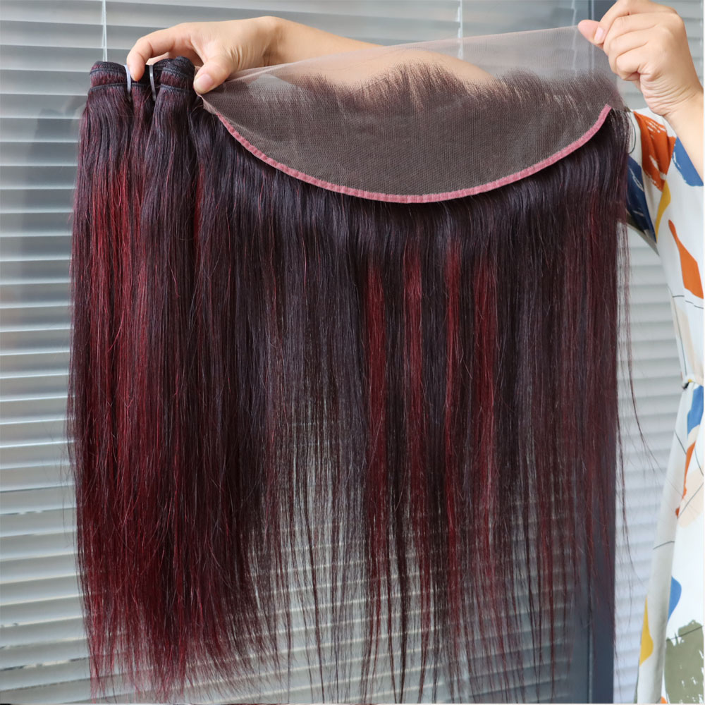 卸売ブラジルバージンヘアピアノカラーハイライト1Bダークレッド99Jバンドル前頭閉鎖織り横糸付き黒人女性用
