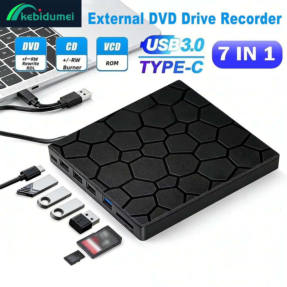 Kebidumei 7 in 1 外付け DVD プレーヤー CD/DVD ドライブレコーダー USB3.0 Type C CD バーナー外付けディスクドライブ デスクトップ Mac Win Linux 用