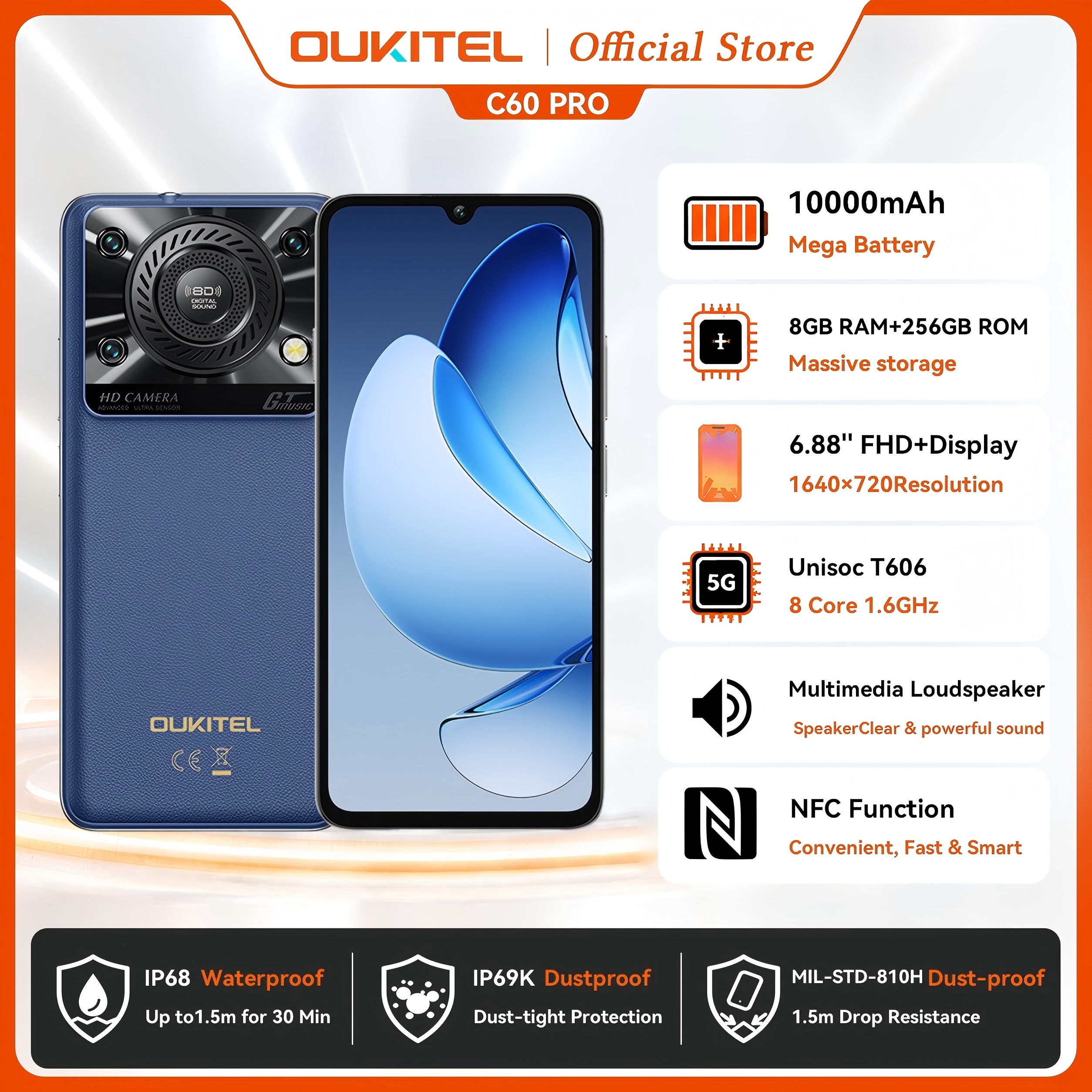 Oukitel C60 PRO スマートフォン 10000mAh バッテリー 24 ギガバイト 256 ギガバイト 6.88 "HD 90Hz アンドロイド 15 13.4nm 36 ミリメートル強力なスピーカー携帯電話