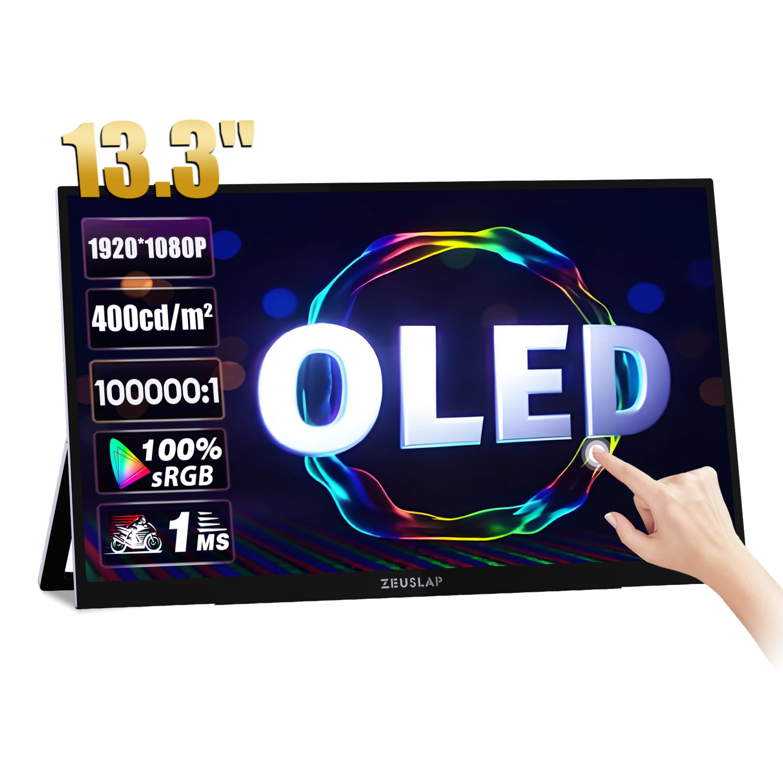 ZEUSLAP 13.3 インチ OLED アンチグレア タッチ ポータブル モニター DeX Phone、Switch、PS5、ラップトップ PC セカンド ディスプレイ用 キックスタンド付き