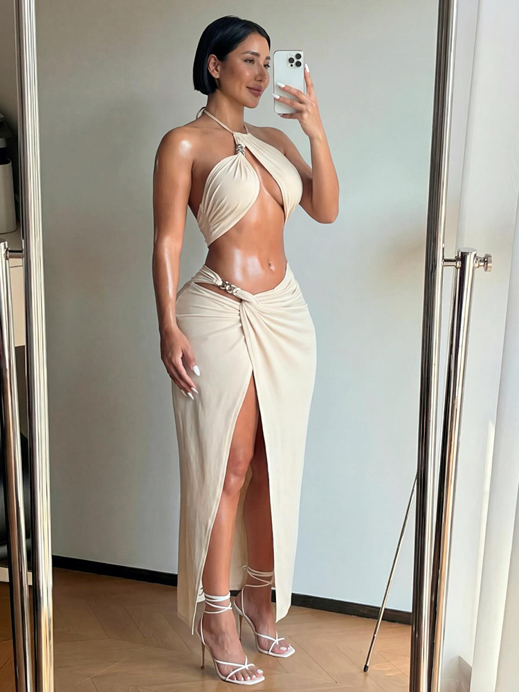 奇妙な小娘メタルチェーンパッチワーク 2 点セット女性ホルターオフショルダー不規則なタンクトップハイスプリットロングスカートセクシーな衣装