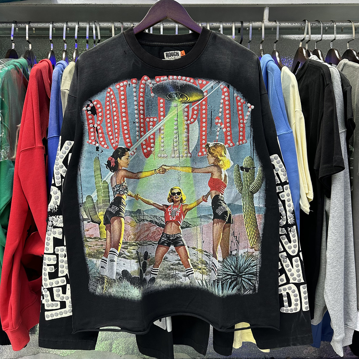 2026 ベストセラーブランドラフプレイ長袖紳士服デザイナーサボテングラフィックインクジェット Tシャツヴィンテージ酸洗浄 Tシャツ