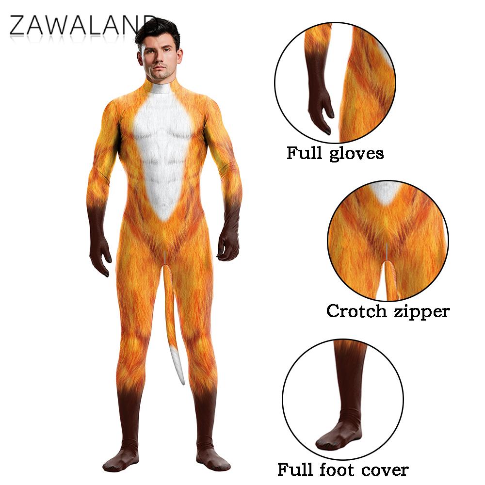 Zawaland クリエイティブコスプレペットスーツキツネプリント動物衣装スパンデックス全身タイツ尻尾ストレッチフルカバーボディスーツ衣装