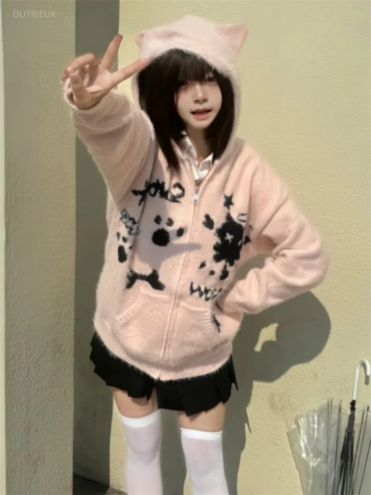 日本の漫画ジャカード猫の耳カーディガンジッパー女性カジュアルニット原宿レディース甘いかわいいルーズグランジセーター