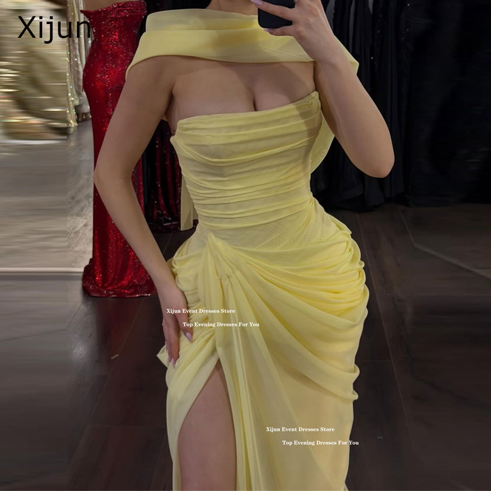 Xijun ベビーイエローシフォンロングイブニングドレスノースリーブハイスプリットマーメイドウエディングドレスセクシーなスカーフフォーマルウエディングドレスカスタマイズ