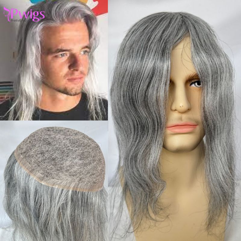 Pwigs 12 インチフルフレンチレース男性かつら 1b80 20% 人間の黒髪と 80% 合成グレーヨーロピアンヘアシステムを混合