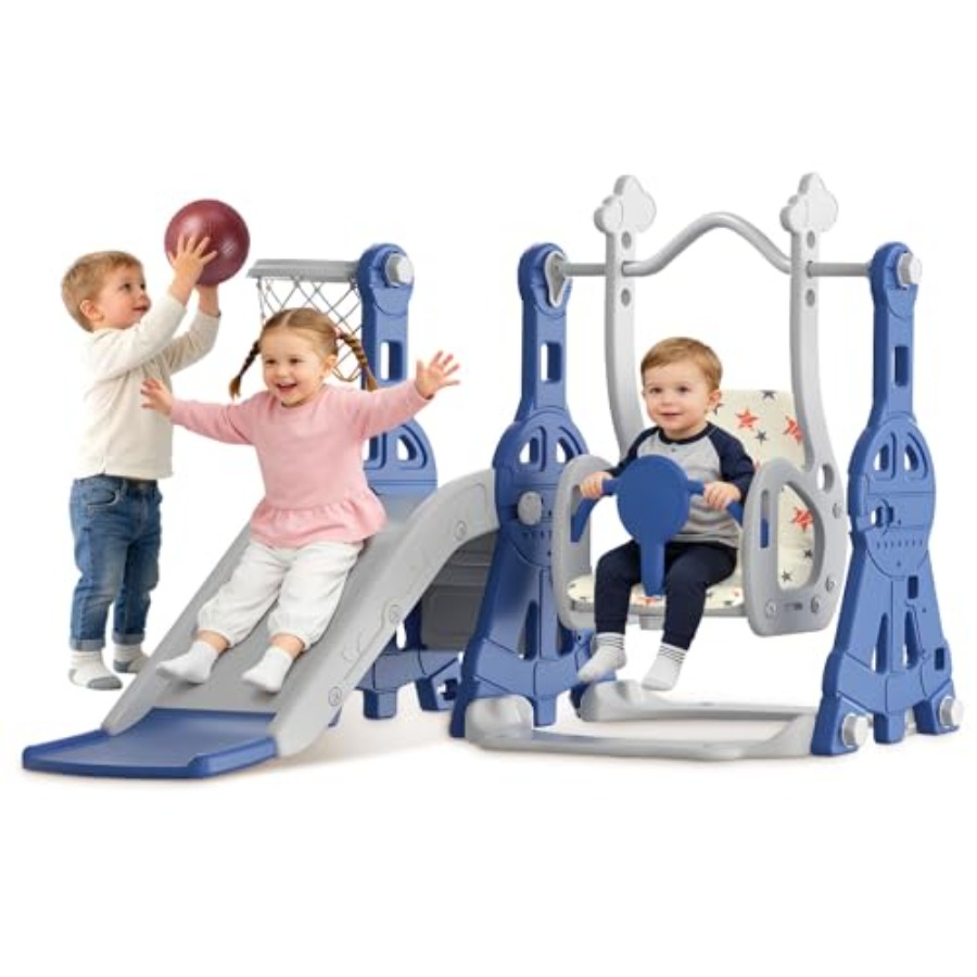 4 in 1 幼児用スライドとブランコセット、1～2歳の幼児用ベビースライド、バスケットボールフープ付き、屋内屋外幼児プレイセット ブルー