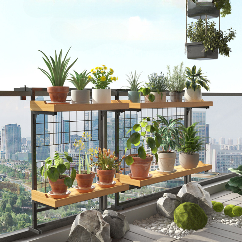 木製階層バルコニー手すりプランター二層鉄吊り棚多肉植物ハーブガーデンオーガナイザー植木鉢ホルダー