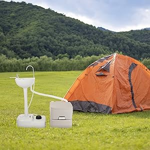 ポータブルシンクとトイレのコンボ、5ガロンの手洗いステーション、5.3ガロンのフラッシングトイレハンモックスタンド付き