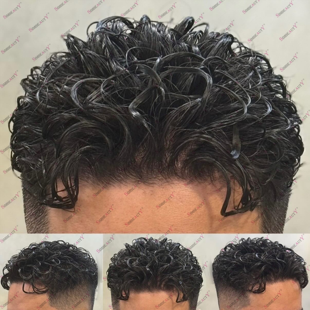 耐久性のあるナチュラルヘアライン人毛メンズかつら 26 ミリメートル/28 ミリメートルカーリー扱いやすいスキンベース漆黒茶髪毛細血管プロテーゼ