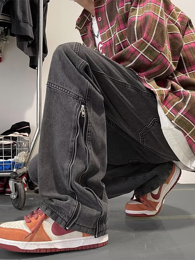 メンズファッションジッパースプライシングジーンズハイストリートだぶだぶストレートカジュアルデニムパンツ人格ストリート若者男性パンツ