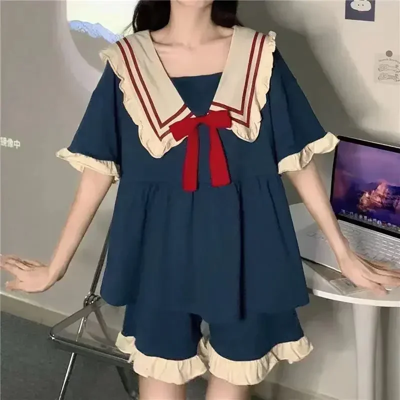 プリンセス風パジャマ甘い女性ホームウェアスーツ人形の襟ガールパジャマかわいいドレス固体半袖ショーツ 2 個セット