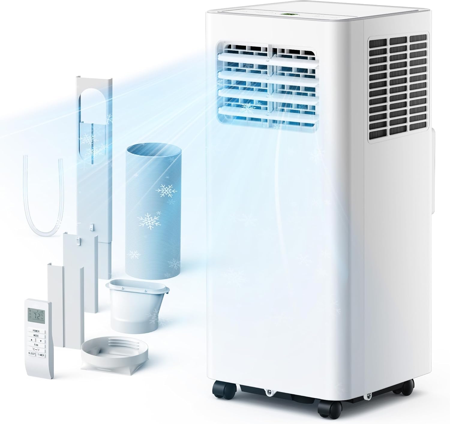 8,000 BTU ポータブル エアコン、4-in-1 ユニットは最大 350 平方メートルを冷却します。フィート、ファン、除湿機、スリープモード、24時間タイマー、リモコンおよび設置キット付き、寝室用