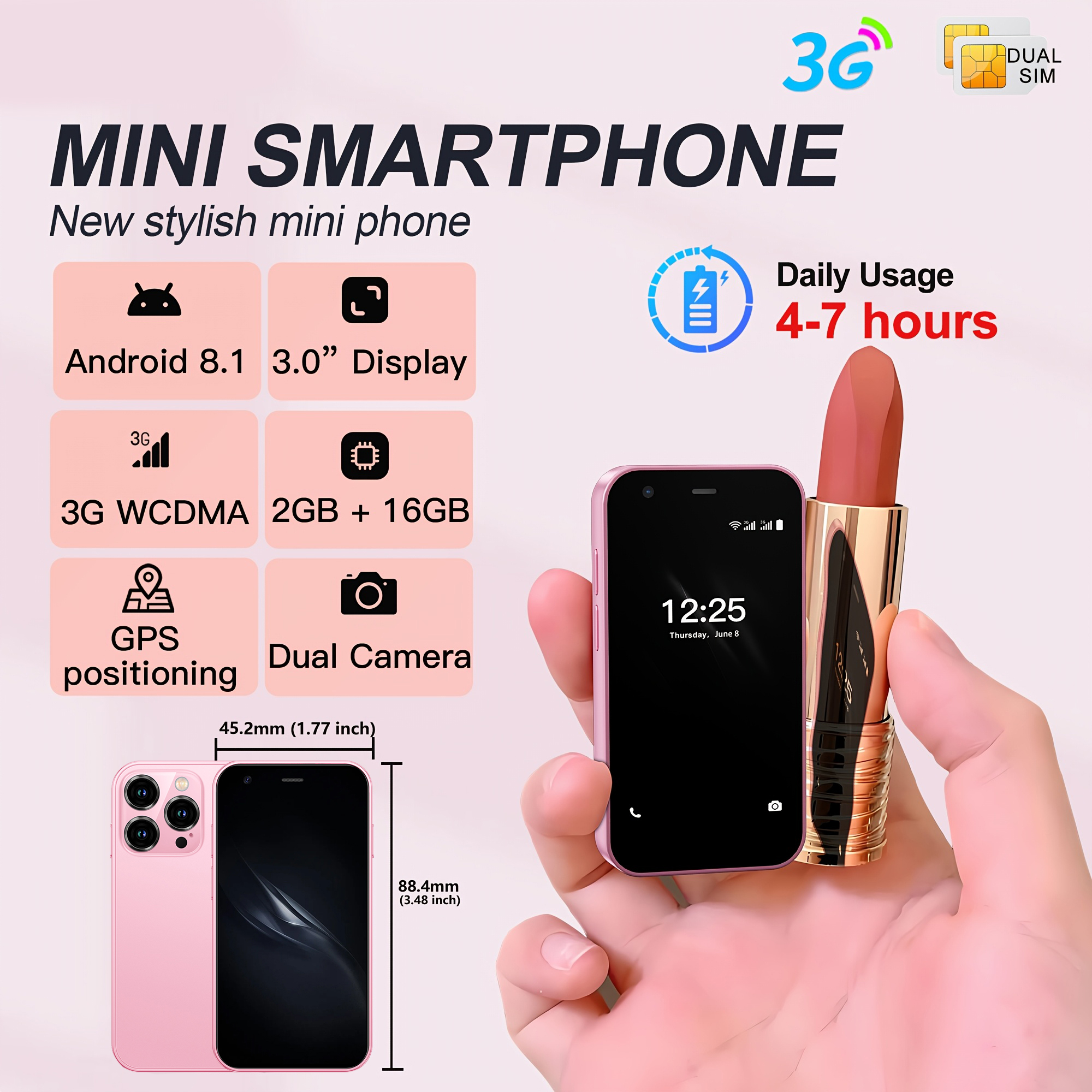 ミニスマートフォン、3.0インチディスプレイ、2GB 16GB、WLAN-GPS、Playストア、Androidスマートフォン、デュアルSIMデュアルスタンバイ