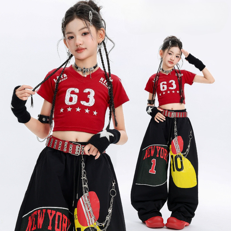New Girls Jazz Dance Clothes Set Cool Hip Hop Short Sleeve T Shirt Loose Pants Group Breaking Street Dance Performance Costumes