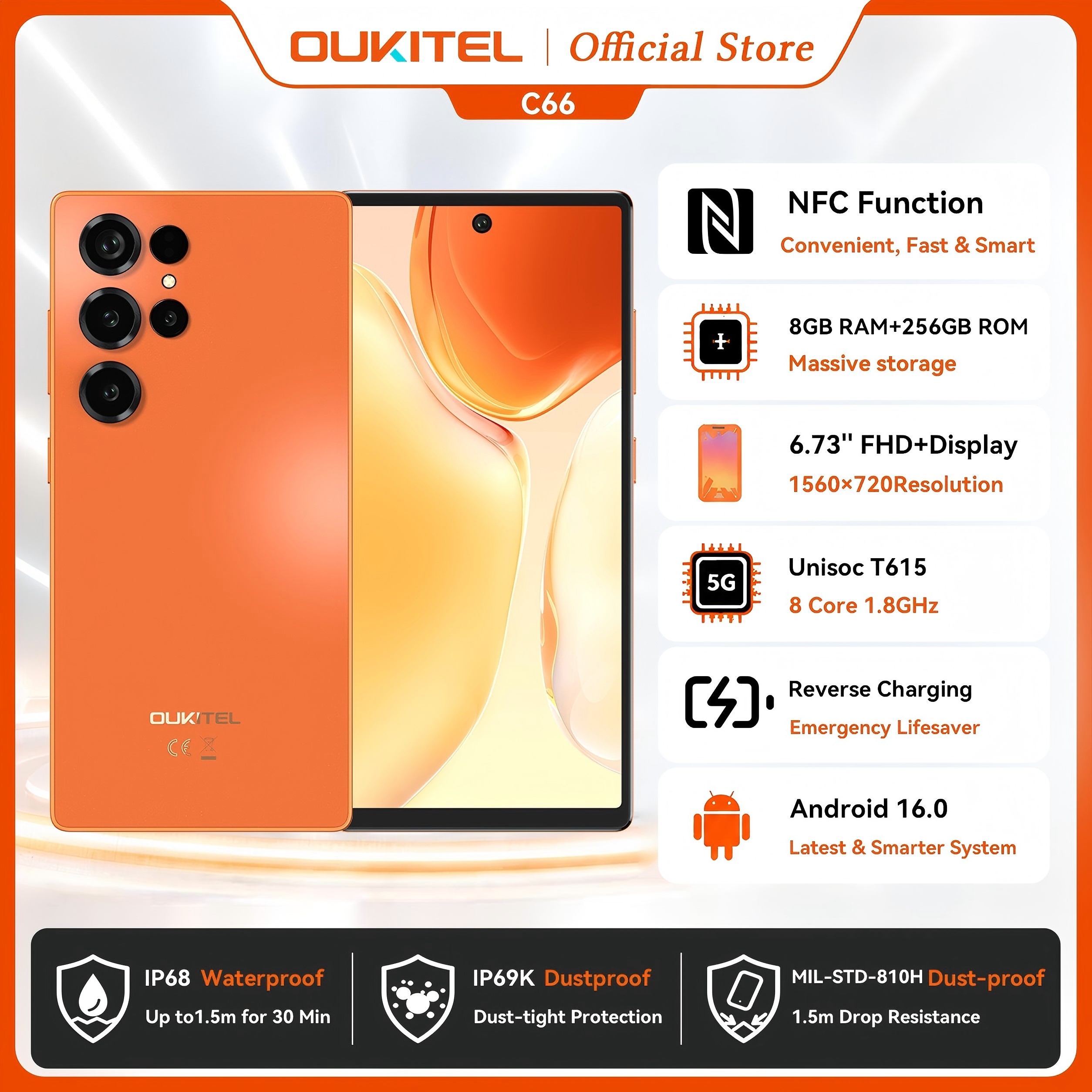 OUKITEL C66 スマートフォン Android 16 電話、6.73 インチ HD 24GB(8 16) 256GB、5150mAh デュアル 4G NFC 携帯電話、120Hz、64MP メインカメラ
