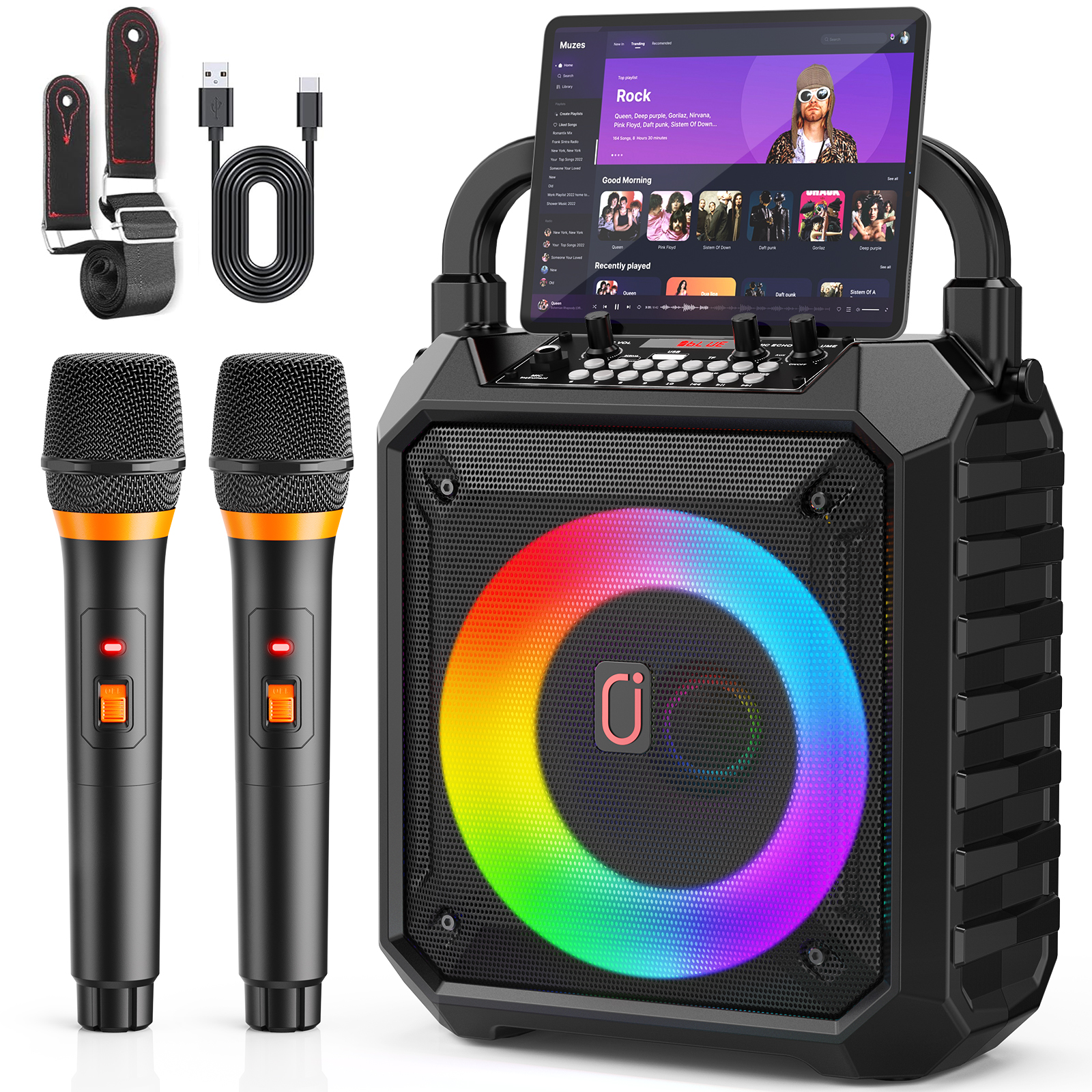 JYX カラオケマシン 2 ワイヤレスマイク、LED ライト付きポータブルスピーカー、パーティー用 Bluetooth/USB/TF/AUX をサポート