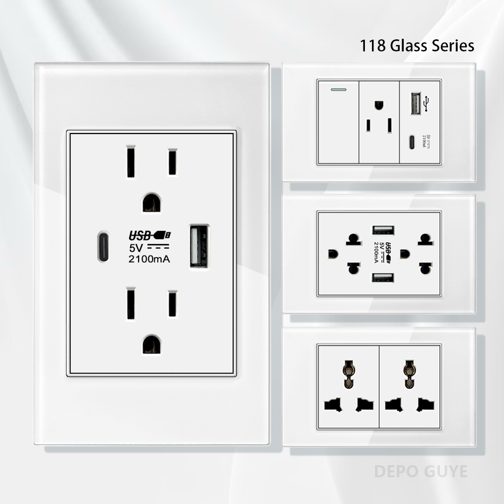 米国の壁スイッチ電源ソケット、USB Type-c急速充電器付き、アメリカンメキシコホワイト強化ガラスプラグコンセント、ライトスイッチパネル