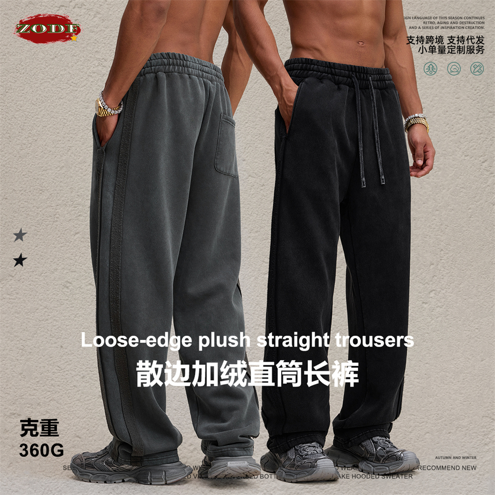 ZODF ヴィンテージマン冬洗浄フリースストレートパンツユニセックスユーズド加工 360gsm ニット暖かいズボンブランドボトムス HY1092