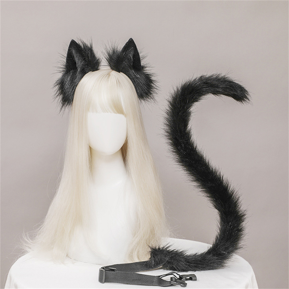 2 ピース/セットぬいぐるみ猫耳しっぽセット現実的なロリータヘッドバンド猫しっぽコスプレ小道具手作りシミュレーション動物の耳