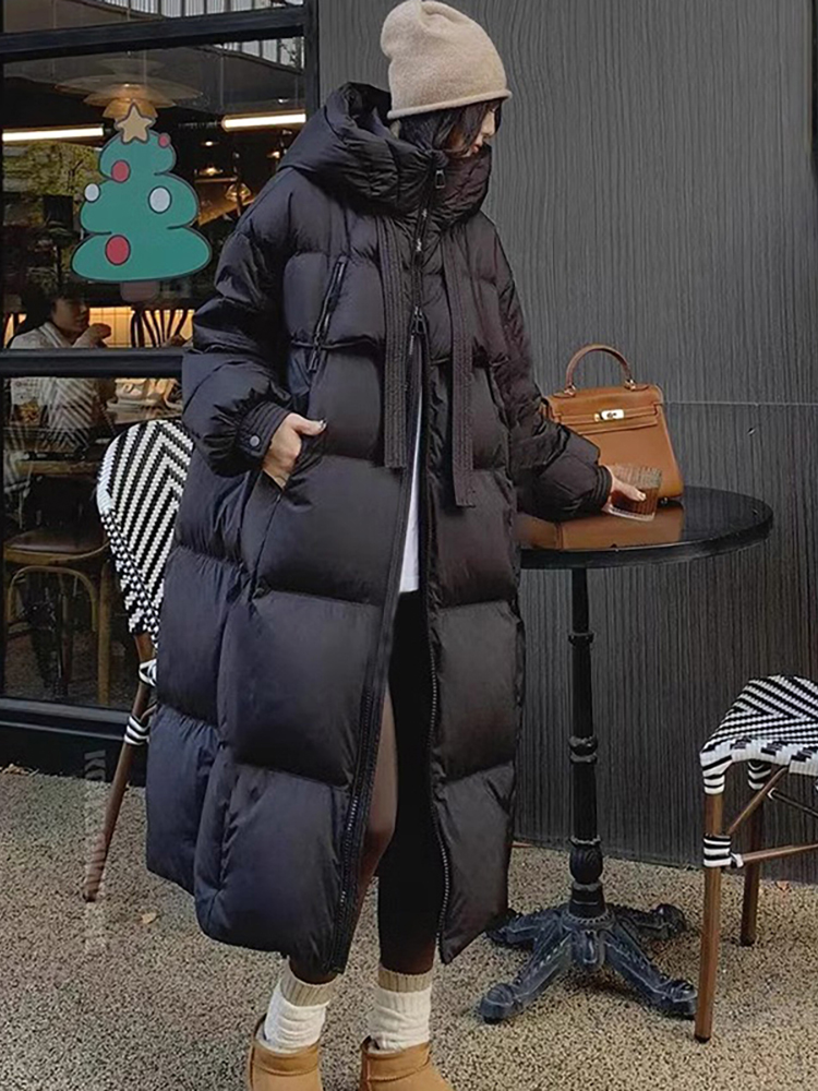 女性のダウン綿パッド入りジャケット韓国肥厚暖かいロングオーバーコート固体フード付き全体的なトップコート 2024 冬