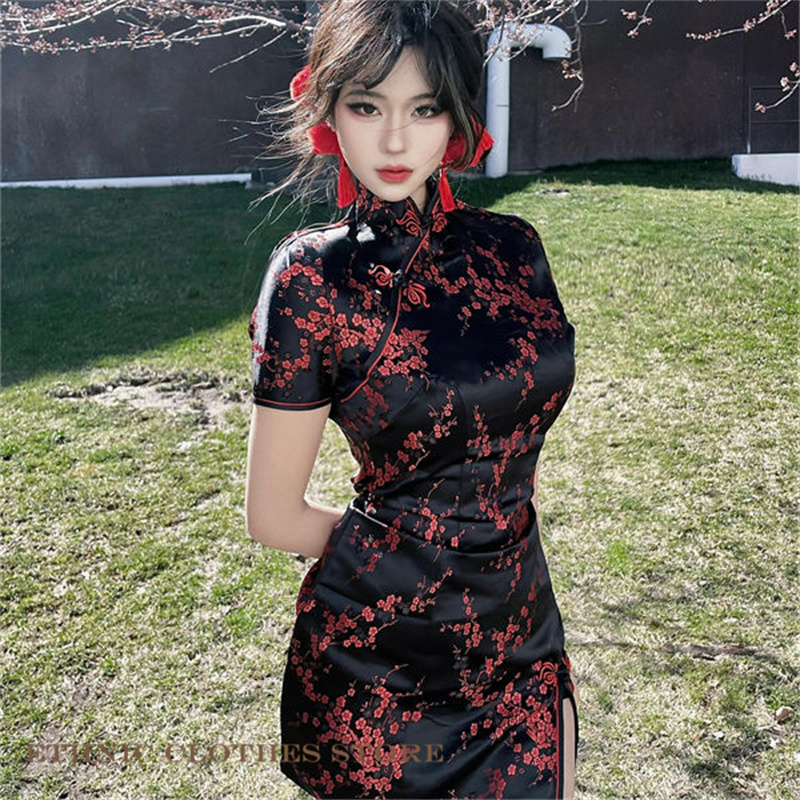 古典的な中国風のドレスの女性の袍セクシーな半袖ミニチャイナエレガントなジャカード花の伝統的な服Y2K袍