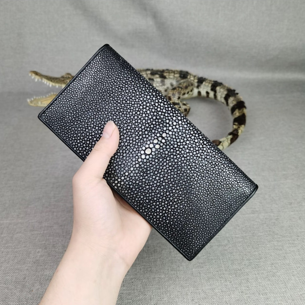 本物の滑らかなエイ皮メンズ長財布、本革エキゾチックなスタイルメンズファッショナブルな二つ折り財布カードホルダー