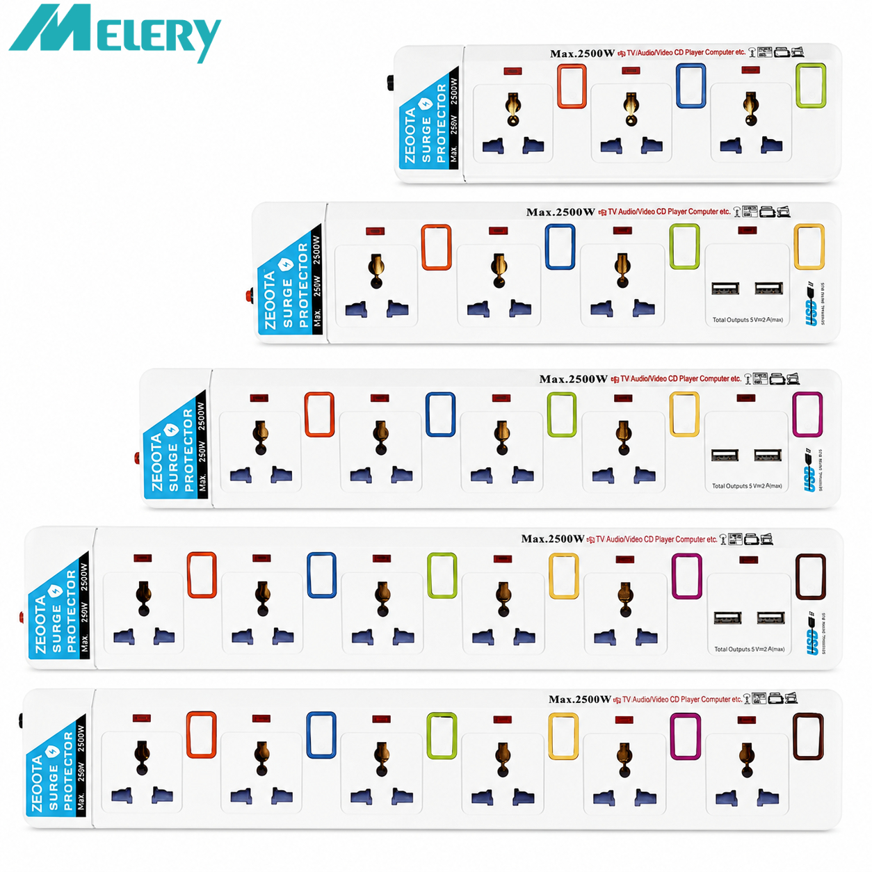 Melery 電源タップ サージプロテクター 3/4/5/6 AC ユニバーサルコンセントプラグソケット USB 個別スイッチ延長コードホームオフィス