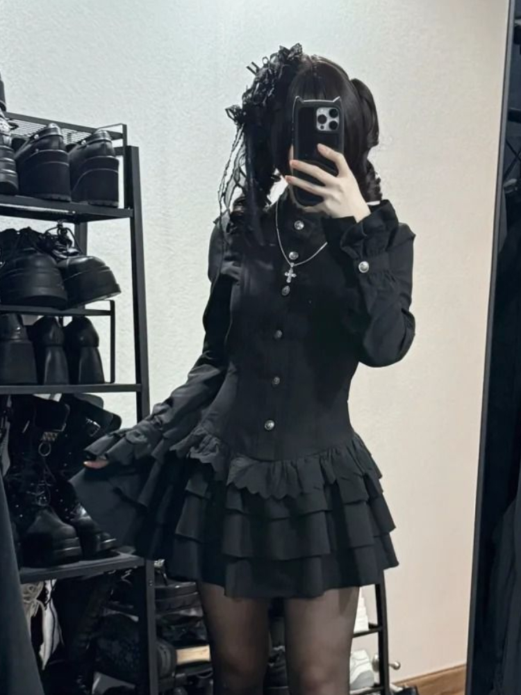 春ヴィンテージゴシックスタイルレースアップドレス女性デザインハイストリートブラックロリータスリムドレス 2025 Y2k レース長袖服