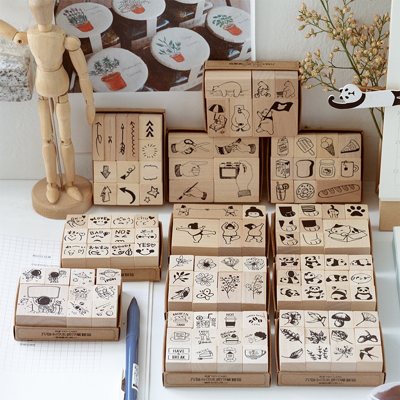 木製スタンプセットコレクションすべて小さなスタンプレトロ動物植物感情おいしい食べ物スクラップブッキング装飾木製スタンプ