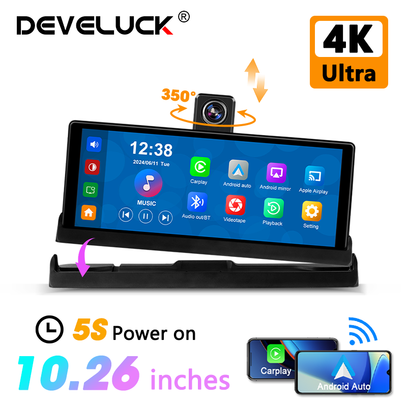 Develuck 公式ウェブサイト 10.26 インチ 4K DVR ダッシュカム ワイヤレス CarPlay Android オート 350° 回転可能レンズ インテリジェント カー システム FM AUX