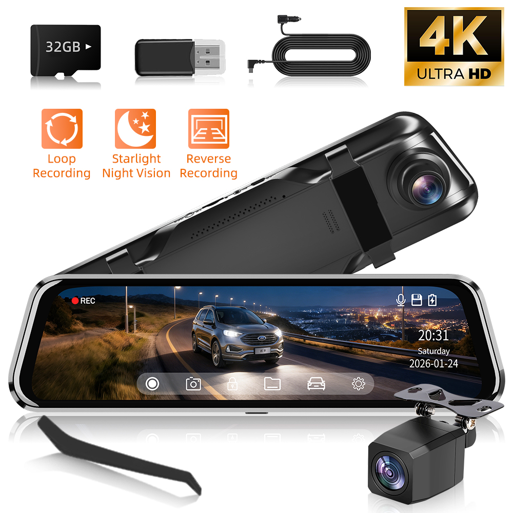 4K UHD デュアルダッシュカム フロントおよびリア - ナイトビジョン、G センサー付き 10 インチ タッチスクリーンミラーカメラ | 32GB SD カード付属 (ギフト)