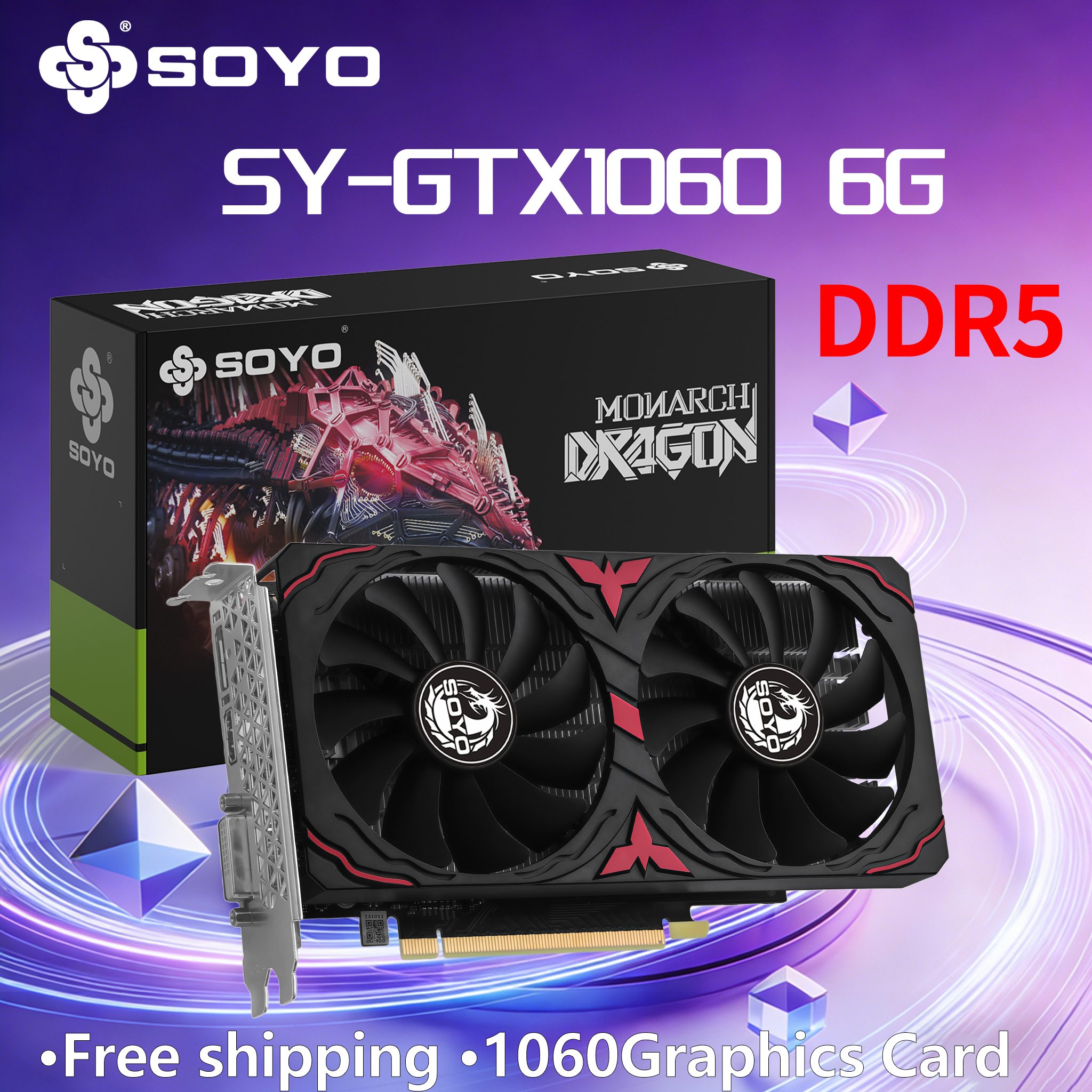 SOYO NVIDIA GTX1060 6G ゲーミンググラフィックカード GDDR5 AMD Ryzen メモリ 192ビット ビデオカード 8ピン デスクトップコンピュータコンポーネント DP/HDMI/DVI