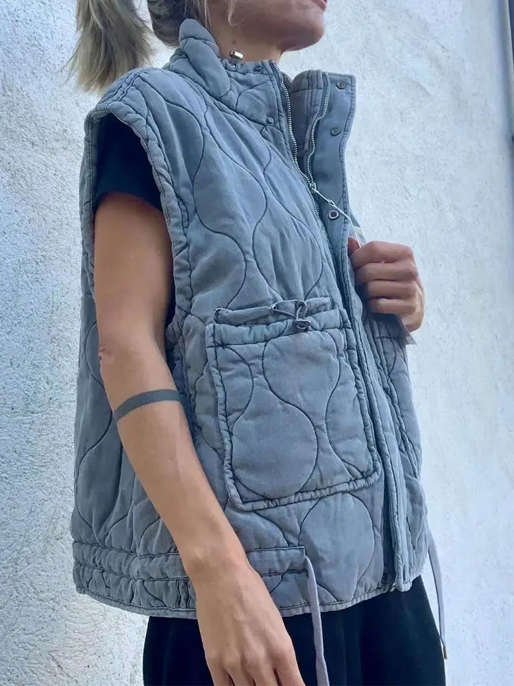 秋冬の女性のジャケット立ち襟軽量ノースリーブコットンコートベスト女性ポケットコート女性服